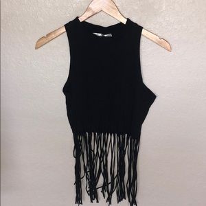 Black Fringed Sleeveless Blouse